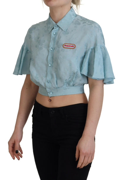 Blue Collared Button Down Short Sleeve Cropped Top