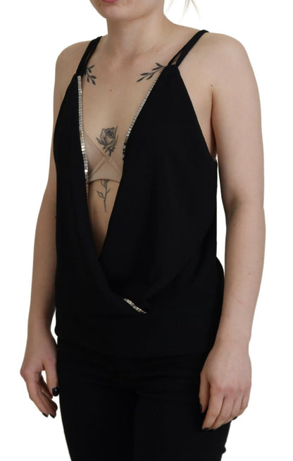 Black Embellished Deep V-neck Sleeveless Tank Top