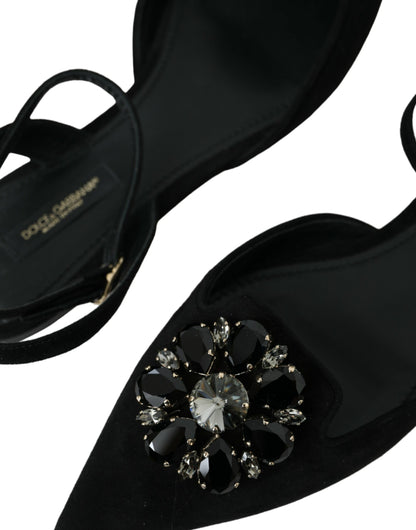 Black Leather Crystal Slingback Sandals Shoes