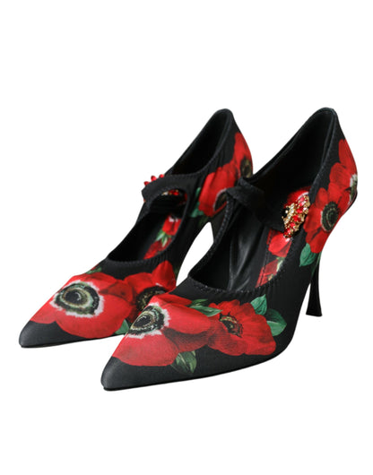 Black Floral Crystal Mary Jane Pumps Shoes