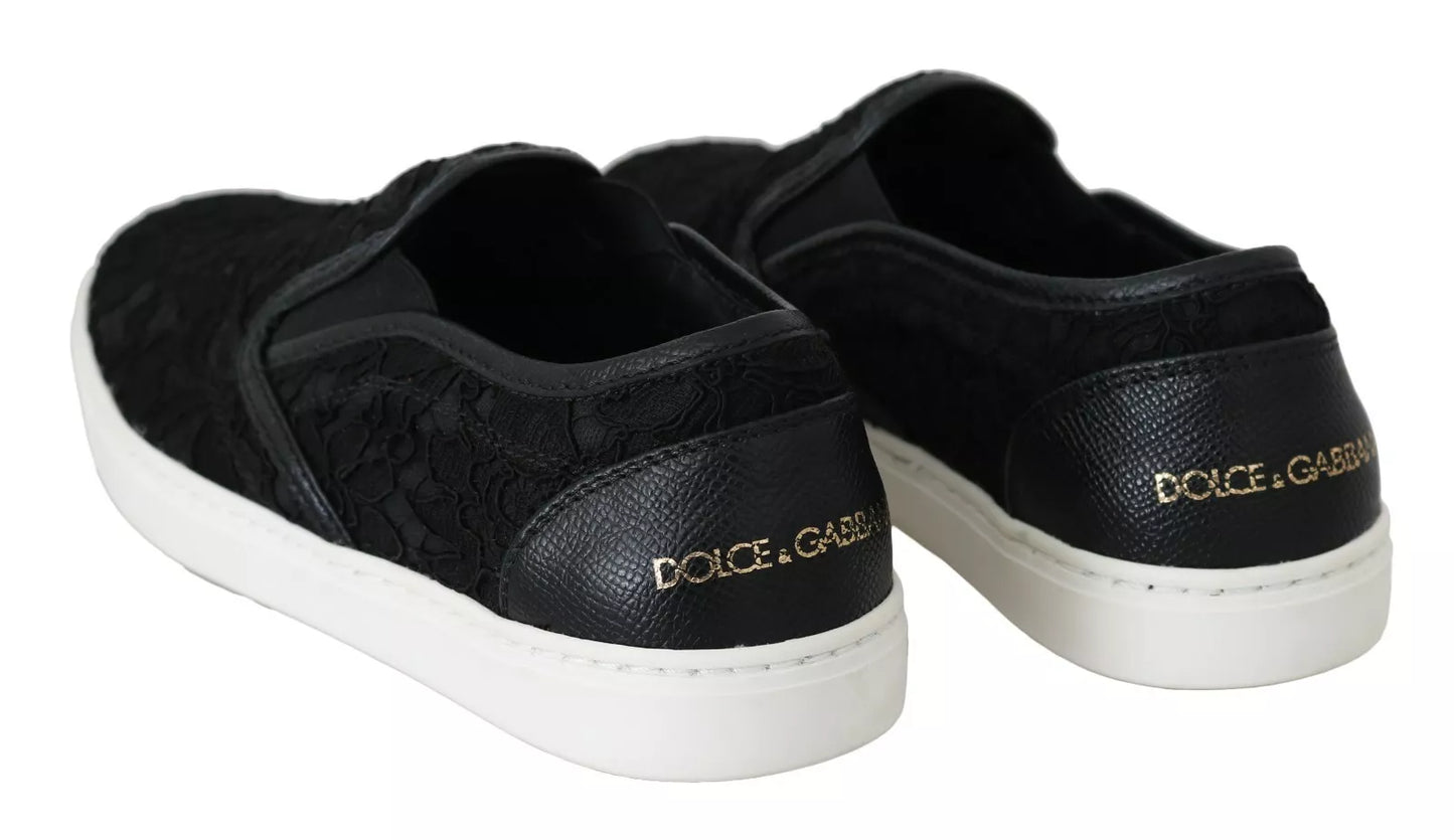 Black Lace Leather Logo Flat Slip-On Sneakers