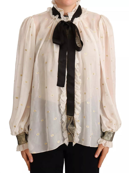 Off White Silk Blend Ascot Collar Blouse Top