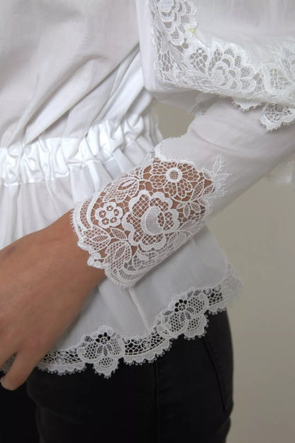 White Cotton Lace Trim Turtle Neck Top Blouse