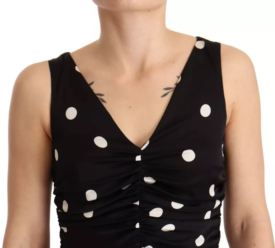 Dolce & Gabbana Black Silk Polka Dots V-neck Sheath Midi Dress