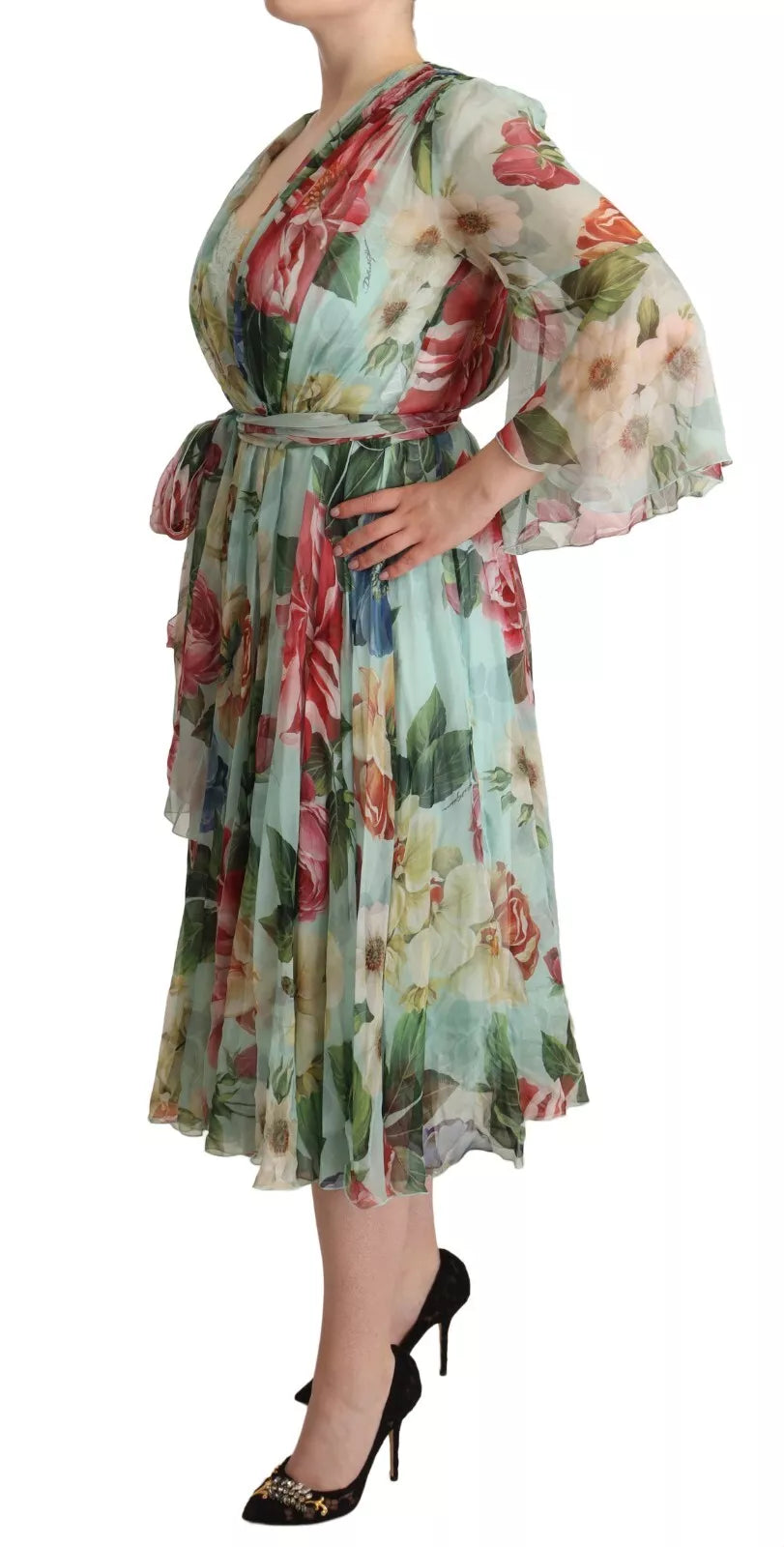 Dolce & Gabbana Green Floral Long Sleeve V-neck Midi Dress