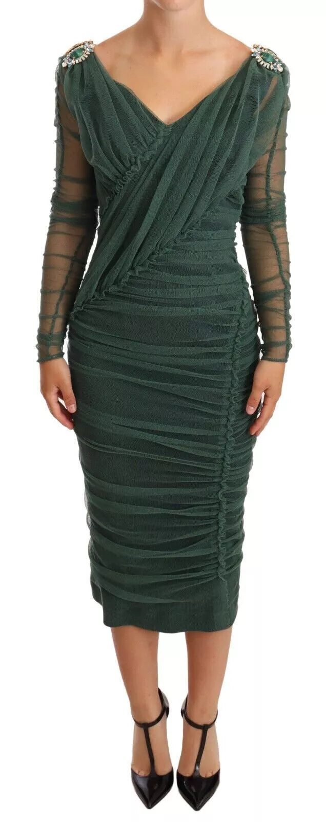 Dolce & Gabbana Green Ruched Stretch Tulle Crystal Midi Dress