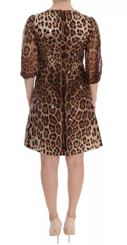 Dolce & Gabbana Leopard Silk Wool Crystal Shift Dress