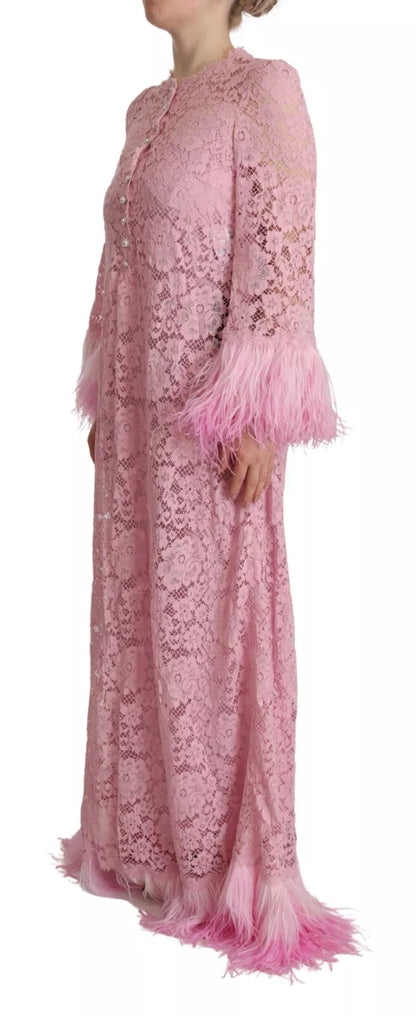 Dolce & Gabbana Shift Lilac Lace Feathers Long Sleeves Dress