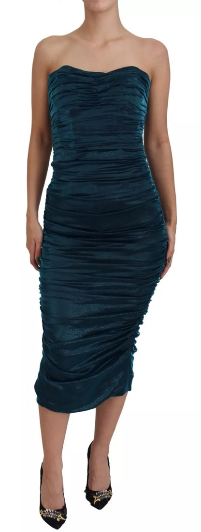 Dolce & Gabbana Silk Blend Blue Satin Fitted Strapless Dress