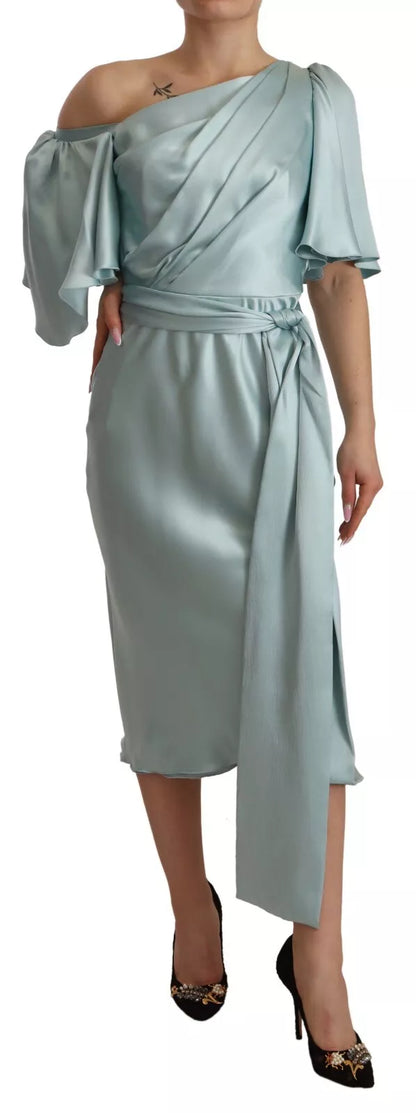 Dolce & Gabbana Silk Mint Green Fit Cut One Shoulder Midi Dress