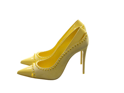 Duvette Spikes 100 Yellow Patent Leather and Suede Spike Studded Heels