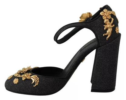 Black Floral Angel Applique Ankle Strap Pumps Shoes