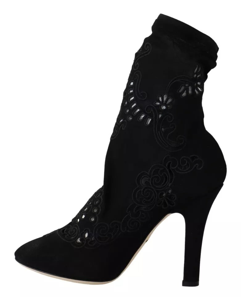 Black Stretch Pumps Boots Floral Lace Shoes