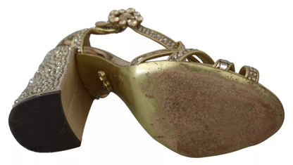 Gold Crystals T-strap Sandals Leather Shoes