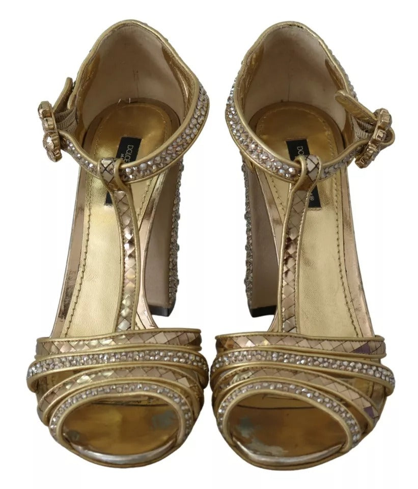 Gold Crystals T-strap Sandals Leather Shoes