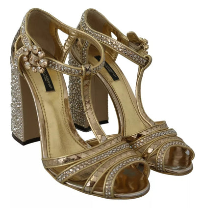 Gold Crystals T-strap Sandals Leather Shoes