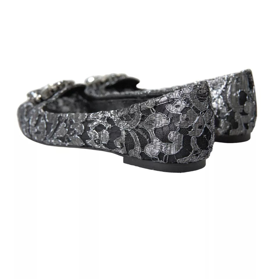 Gray Black Lace Crystal Ballet Loafers Shoes