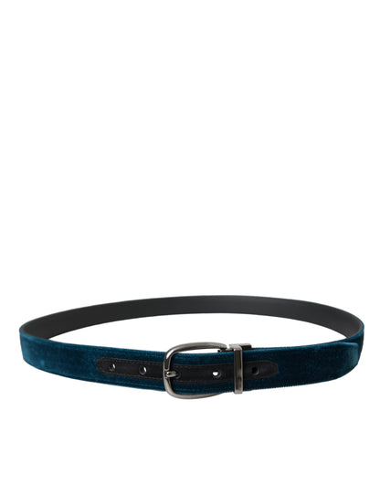 Dolce & Gabbana Blue Velvet Leather Silver Metal Buckle Belt