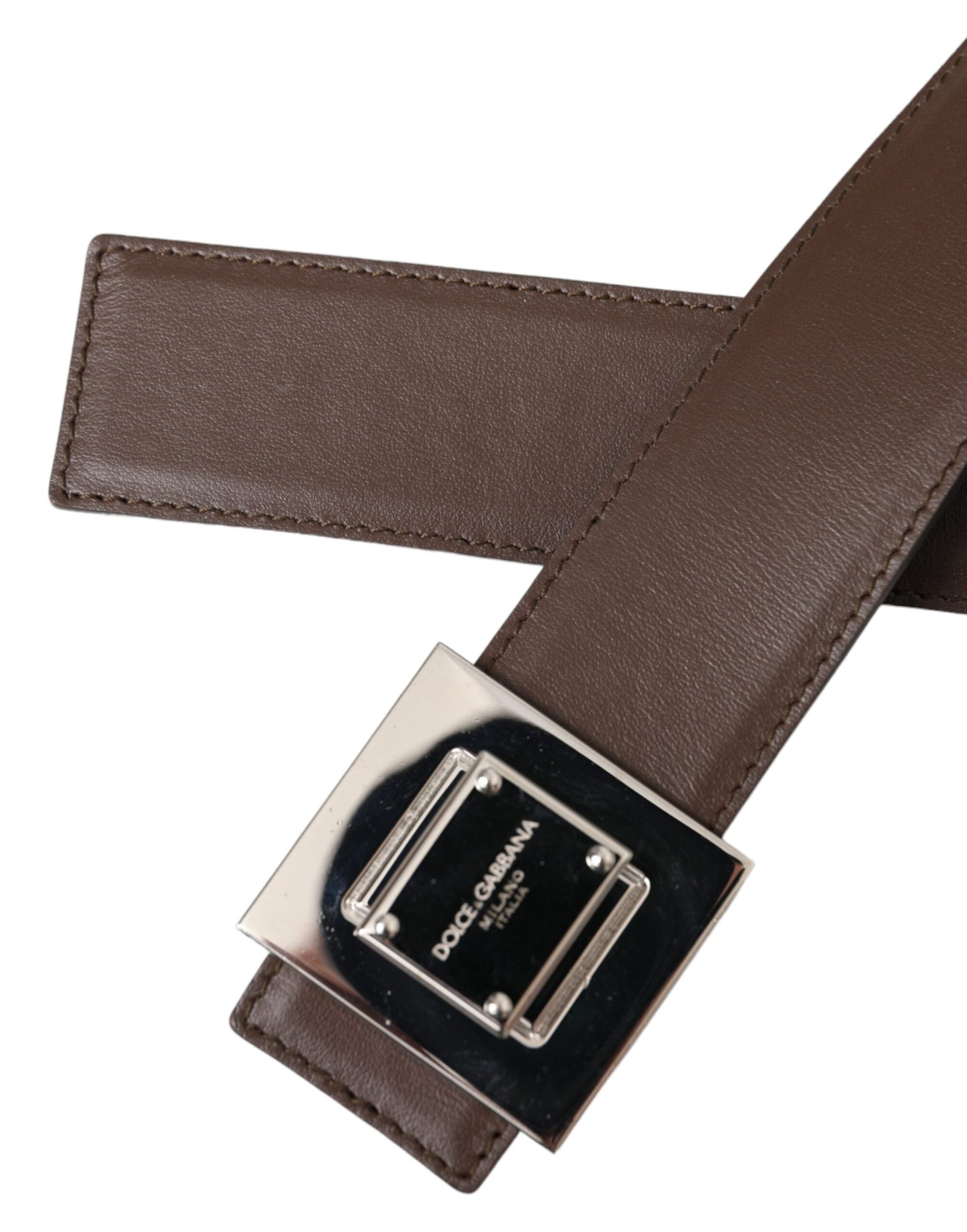 Dolce & Gabbana Brown Calf Leather Square Metal Buckle Belt