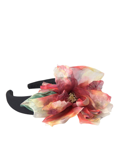 Dolce & Gabbana Rose Pink Silk Floral Black Tiara Women Hairband Diadem