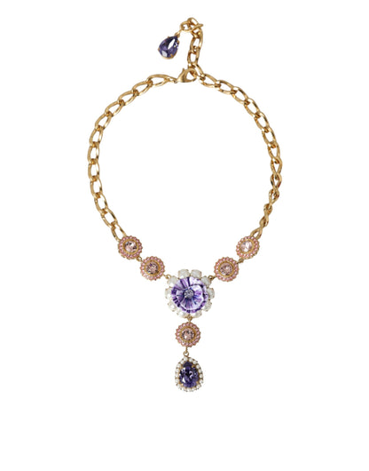 Dolce & Gabbana Gold Brass Crystal Purple Pink Pearl Pendants Necklace