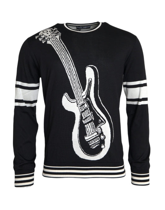 Dolce & Gabbana Black White Guitar Print Silk Pullover Sweater