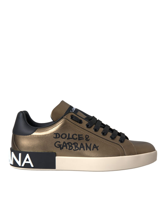 Dolce & Gabbana Gold Black Portofino Calf Leather Sneakers Shoes