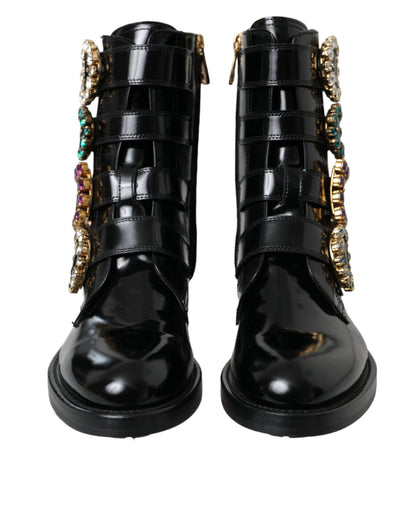 Black Leather Crystal Buckles Boots Shoes