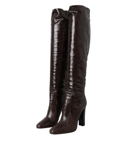 Brown Exotic Leather Heels High Boots Shoes