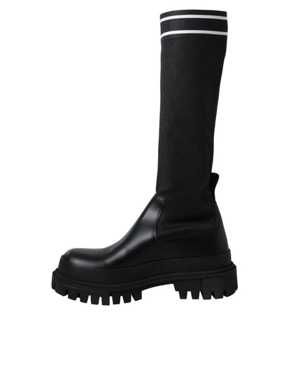 Black Leather Stretch Jersey Boots Shoes