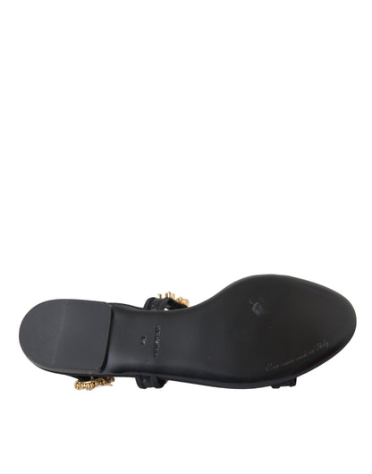 Black Leather Crystal Flats Sandals Shoes