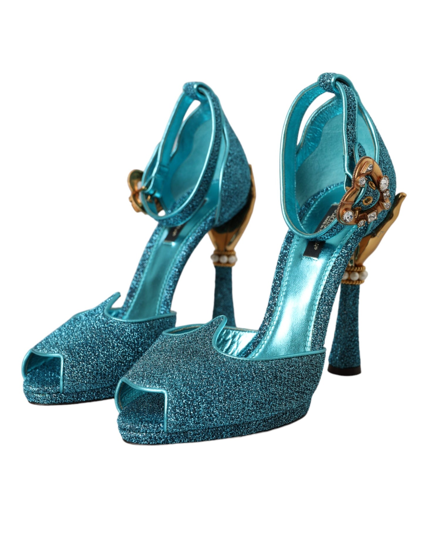 Blue Lurex Bejeweled Hand Heels Sandals Shoes