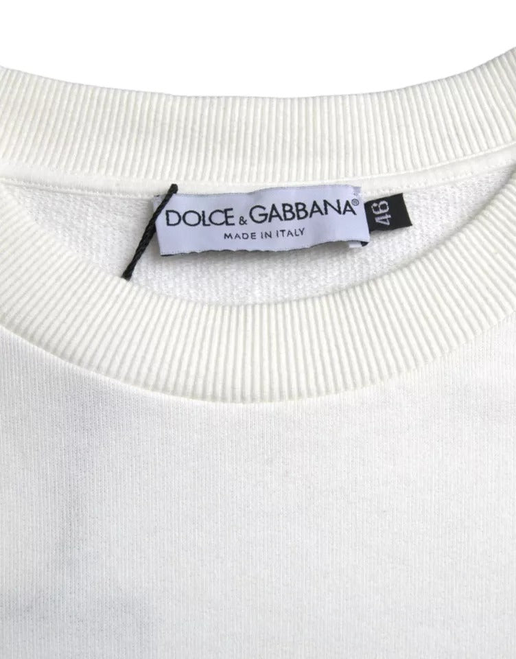 Dolce & Gabbana White Logo Cotton Crew Neck Pullover Sweater