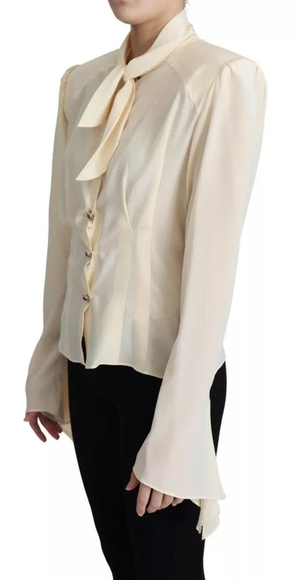 Beige Silk Crepe Shirt Padded Shoulder Top