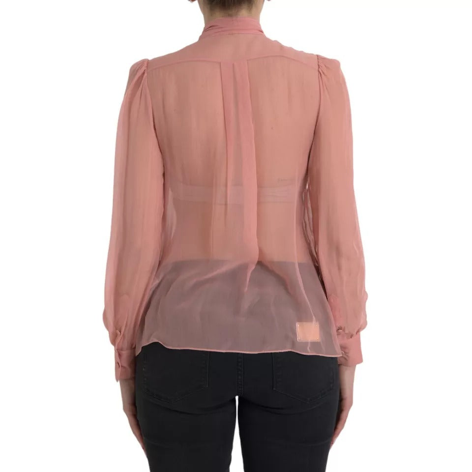 Pink Long Sleeves Ascot Collar Top Blouse