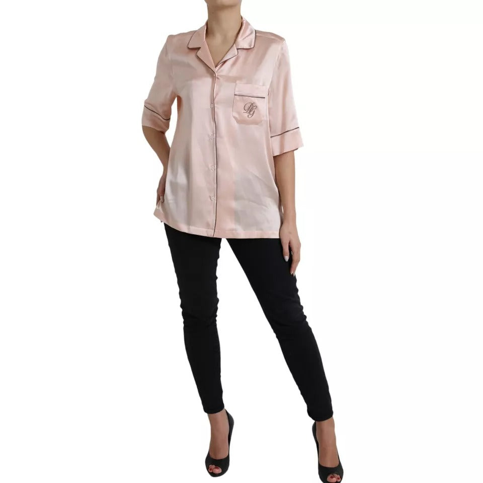 Pink Silk Long Sleeves Logo Pajama Blouse Top