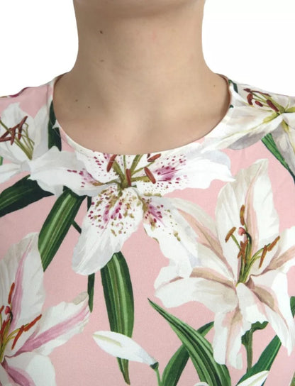 Pink Floral Viscose Round Neck Blouse Top