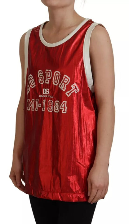 Red Nylon Logo Print Sleeveless Jersey Top