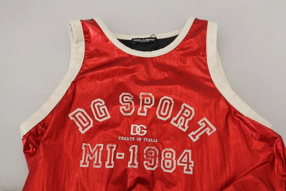 Red Nylon Logo Print Sleeveless Jersey Top