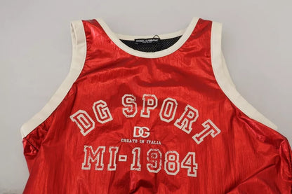 Red Nylon Logo Print Sleeveless Jersey Top