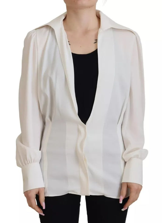 Off White Collar Long Sleeves Blouse Silk Top