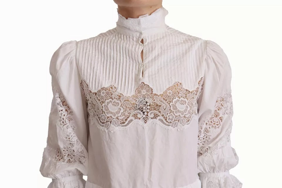 Dolce & Gabbana White Cotton Lace Trim Turtle Neck Blouse Top