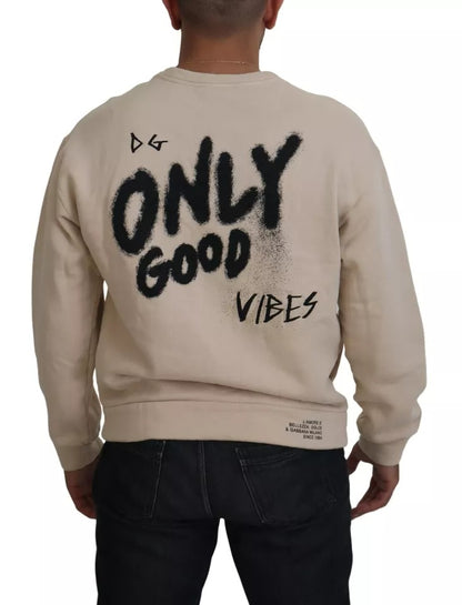 Dolce & Gabbana Beige Amore Cotton Crew Neck Pullover Sweater