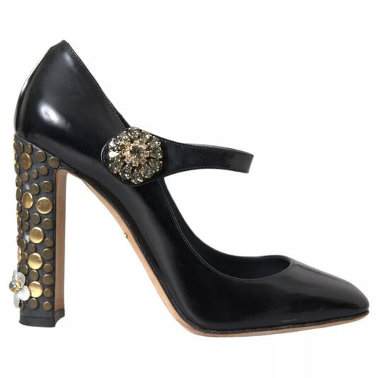 Black Leather Crystal Mary Janes Pumps Shoes