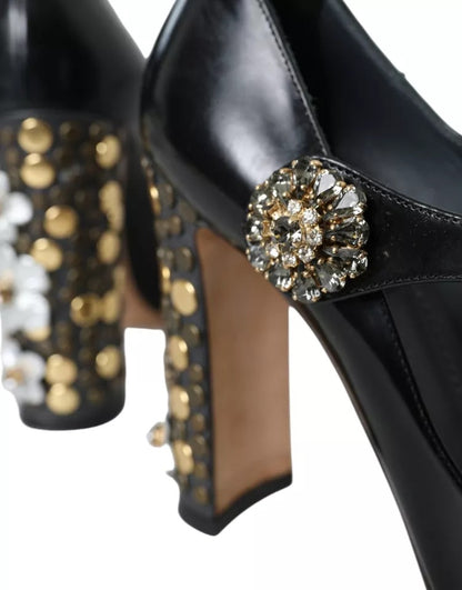 Black Leather Crystal Mary Janes Pumps Shoes