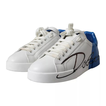 Dolce & Gabbana White Blue Leather Logo Low Top Sneakers Men Shoes