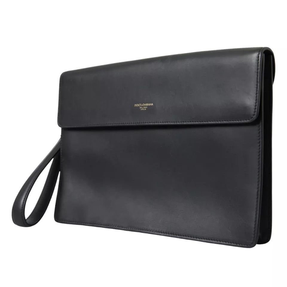 Dolce & Gabbana Black Calf Leather Large Logo Document Holder Clutch Men Bag