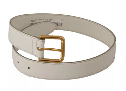 Dolce & Gabbana White Leather Gold Logo Engraved Metal Buckle Belt