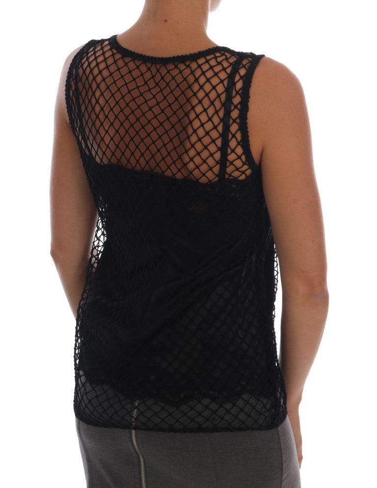 Schwarzes Seiden-Mesh-Top mit floraler Spitze