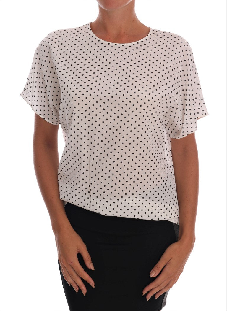 Top T-shirt in seta bianca a pois